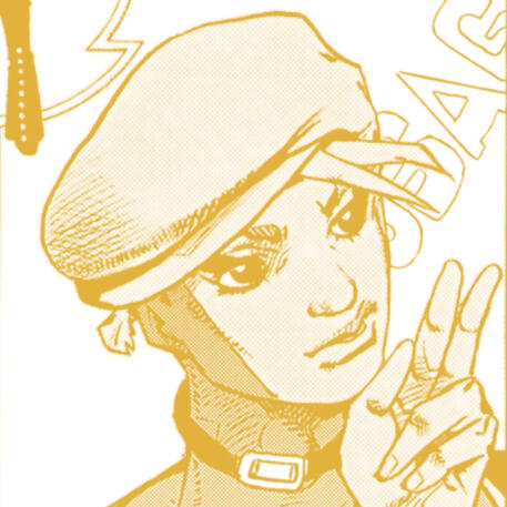a yellow-tinted manga panel of usagi alohaoe [a young male wearing a beret with two bangs exposed, a darker bodysuit leaving his hands and face exposed, black eyeliner, and a black choker] facing right and giving a peace sign. literally stunning oh my god.
