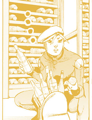 a yellow-tinted manga panel of usagi looking left with a bookbag full of spirits he stole with four elipses next to him. i support my bbg in theft like you go off babes