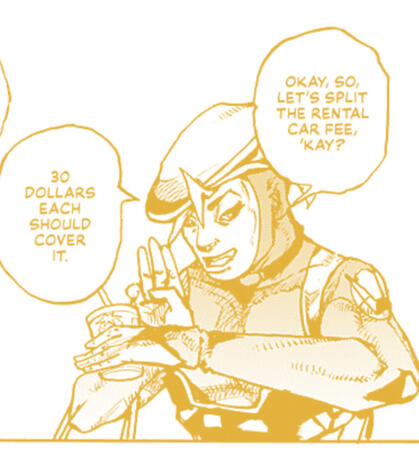 a yellow-tinted manga panel of usagi holding a cup in his left hand while holding up three fingers on his right. he's looking towards the left and saying "okay, so, let's split the rental car fee, 'kay? thirty dollars each should cover it." he's so silly i